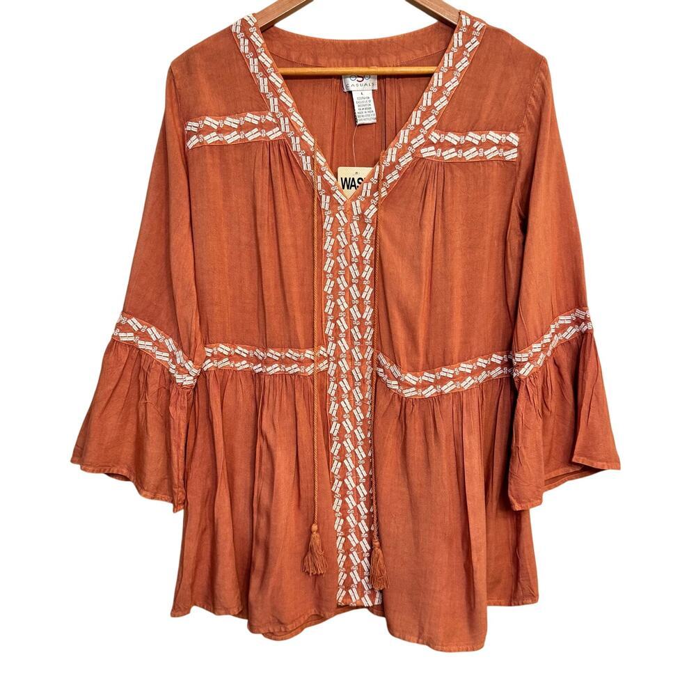 NWT Y2K Oso Casuals Embroidered Boho Peasant Tunic Top – Women's L – Rust Orange - Picture 2 of 8